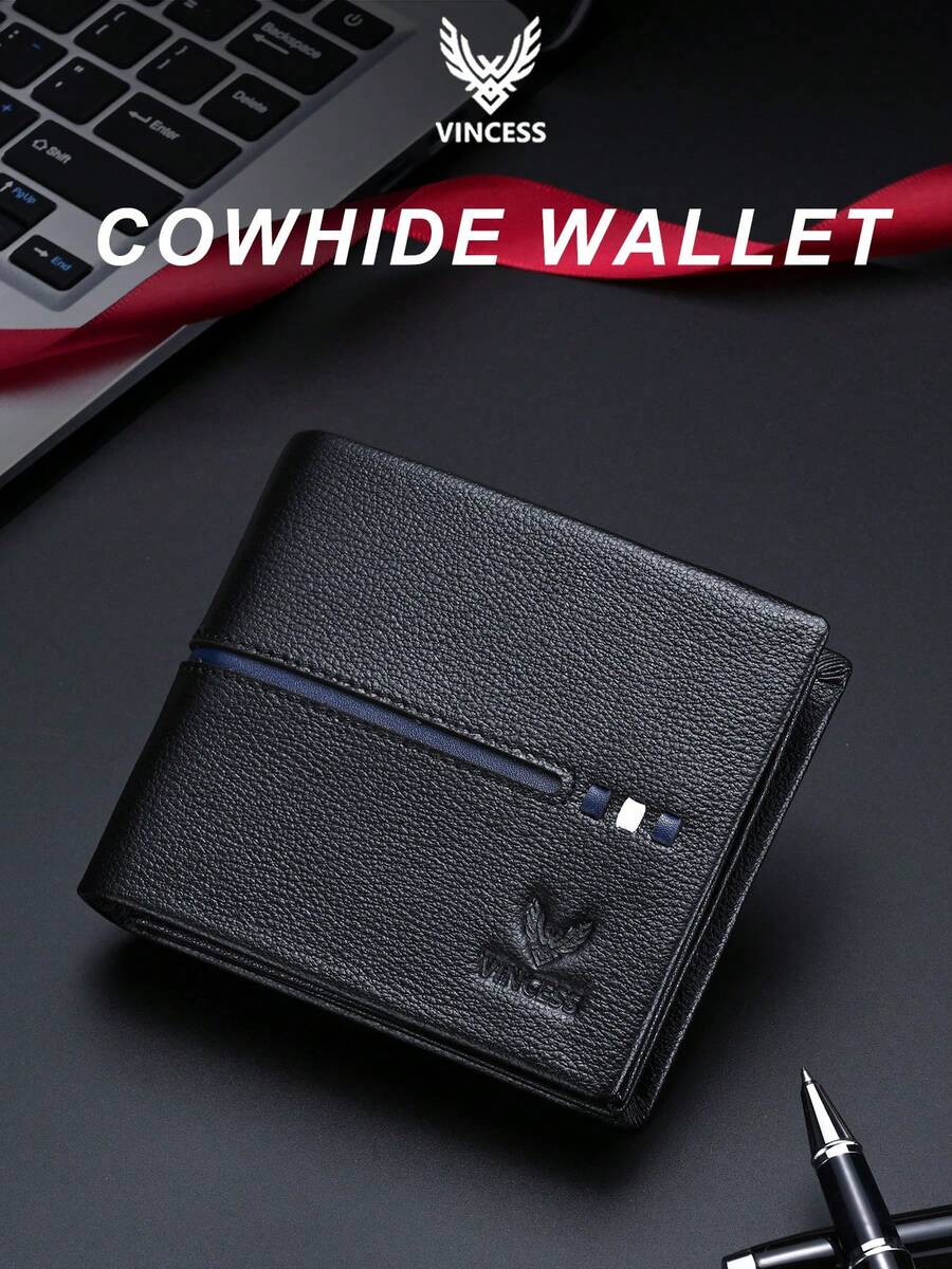 VINCESS Men's Genuine Leather Business Wallet, Anti-Theft, Fashion Design, Large Capacity Luxury Cowhide Men's Wallet, With Card Slots, Credit Card Slots, Multi-Function Business Wallet, Ideal Gift For Men - Black - View 1