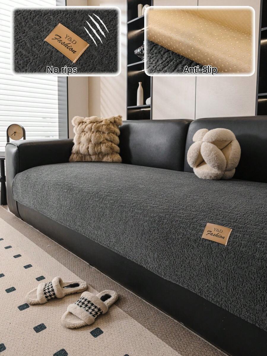 1pc Plush Solid Color Sofa Cushion, Modern Minimalist Wabi-Sabi Style Sofa Set, Thick Soft Sofa Seat Pad, Non-Slip, Machine Washable, Pet-Friendly Anti-Scratch, Wear-Resistant, Dust-Proof, Suitable For Bedroom, Living Room, Outdoor, Straight, L-Shaped 1-4 Person Sofa Renovation Cover, All-Season Tatami Decor Soft Fabric Throw, Bohemian, Sofa Cover - Dark Grey - View 1