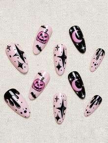 24pcs Halloween Almond False Nails With Pink Pumpkin, Bat, Black Star, Blood Drip, Moon,Y2K,Gothic Fake Nails,Includes Jelly Glue And Nail File, Suitable For Girls And Women's Daily Holiday Party Wear,Cosplay,Press On Nail Patches - Multicolor - View 3