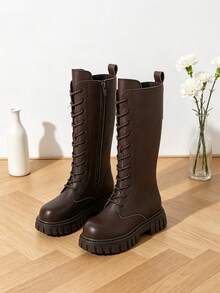 2026 New Cute Campus Style Dark Brown Knight Long Boots For Kids, British Style Children's Lace-Up Wear-Resistant Thick Sole Tall Boots, Suitable For Daily School Life, Simple Vintage Versatile Boots For Girls - Brown - View 3