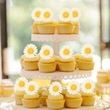 60 Pack Edible Flowers Cupcake Toppers Sunflower Cupcake Toppers Flower Cake Decoration Summer Cake Decoration For Summer Theme Baby Shower Birthday Party Cake Decorations Favors - Design 3 - View 5