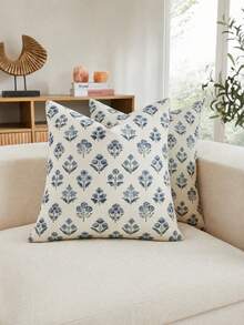 100% Cotton Floral Print Pillowcase, Double-Sided Woodblock Print Bohemian Style Decorative Pillowcase, Country Style Pillowcase, Suitable For Home Decor - Blue and White - View 1