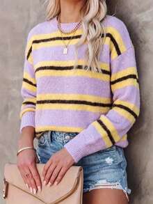 Women's Plus Size Lavender Yellow Striped Pullover Sweater, Long Sleeve, Regular Fit, Medium Stretch Fabric, Suitable For Spring Wear, Casual Preppy Style - Multicolor - View 5
