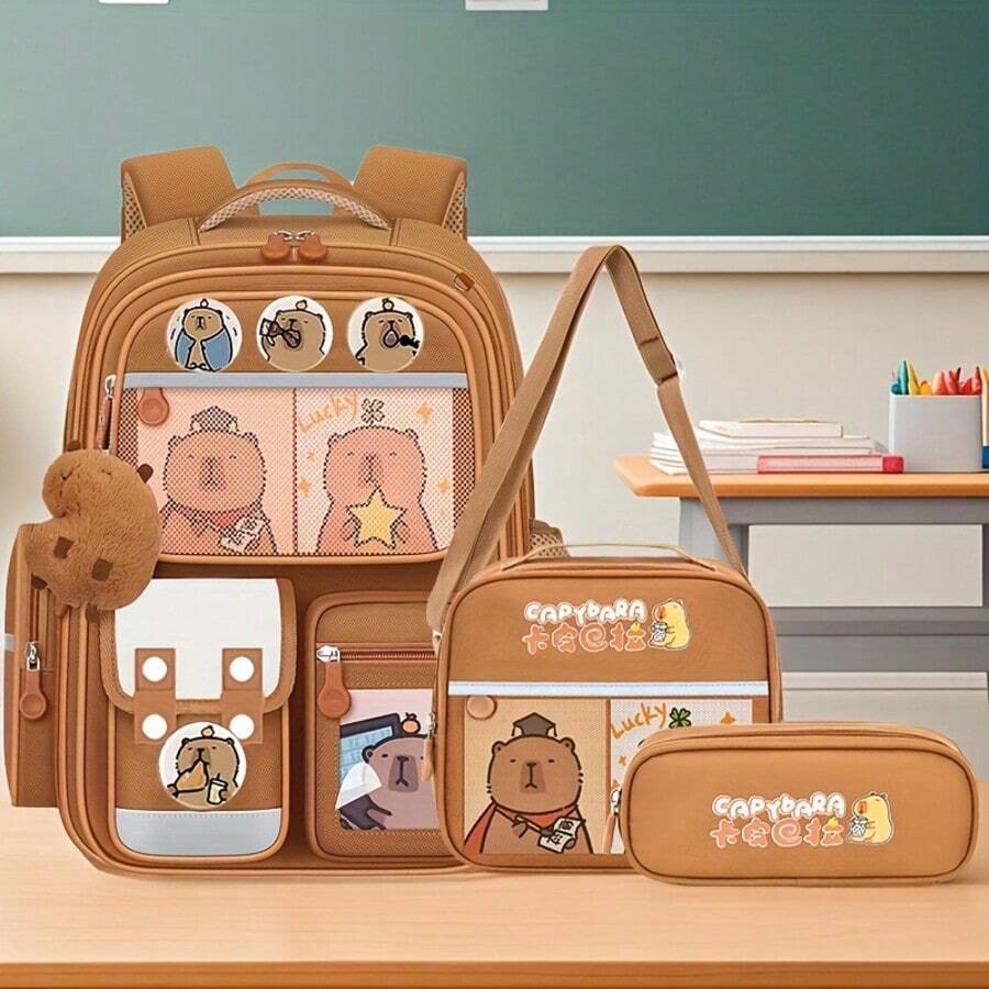 Cute Fashionable Student Backpack, Capybara Cute Cartoon Capybara Theme Design, Large Capacity Backpack, With Cute Pendant, Back To School Season, School Opening Gift. - Sets - View 1