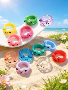 12pcs Multicolor Polyresin Heart-shaped Ring, Anti-water, Perfect For Girls' Daily Wear, Suitable As Y2k Couple Gift - Multicolor - View 13