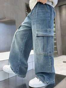 Tween Boy Multi-Functional Fashion Cargo Loose Wide Leg Denim Jeans - Blue - View 5