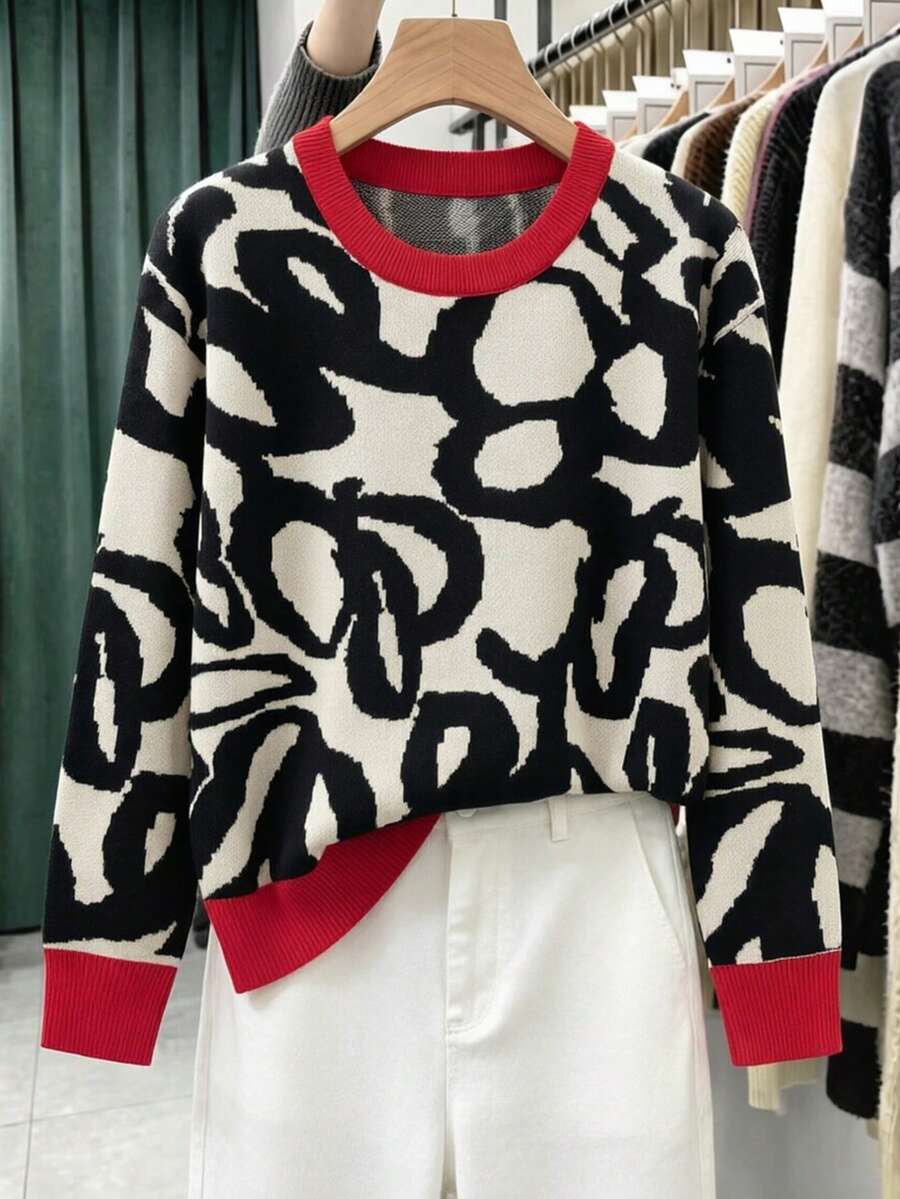 GIGOGOU Women's Autumn/Winter Colorblock Red Trim Round Neck Long Sleeve Knit Sweater, Casual Loose Fit Pullover - Red - View 1
