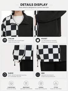 Women's Spring/Autumn Black & White Plaid Stand Collar Zip-Up Jacket, Asymmetric Patchwork Loose Casual Outerwear With Adjustable Drawstring Hem - Black - View 8