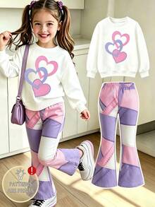 Young Girl Heart Print Crew Neck Long Sleeve Top And Flared Pants Set - White - View 1