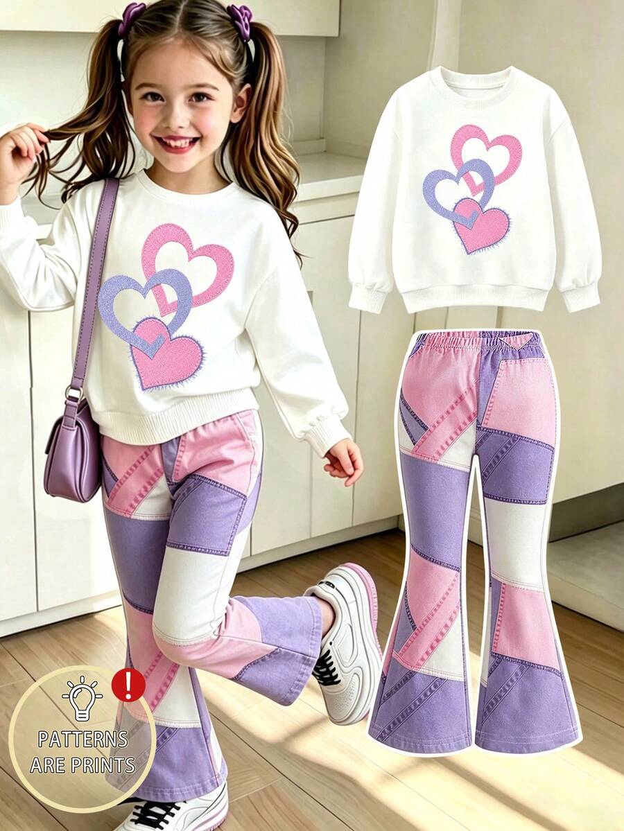 Young Girl Heart Print Crew Neck Long Sleeve Top And Flared Pants Set - White - View 1