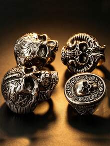 Juego de anillos de calavera tallada estilo oscuro de nicho, anillo de cabeza de carnero estilo motocicleta americana con rosa, anillo de cabeza de fantasma sobredimensionado resistente, accesorio versátil de uso diario personalizado de estilo callejero audaz y en capas, decoración regalo de Halloween, estilo aleatorio 1 pieza/2 piezas/3 piezas/4 piezas - Plata antigua - Ver 3