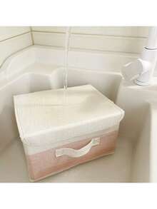 1pc Washable Linen Foldable CD Storage Box, Foldable Storage Bin, Toy Organizer Basket With Lid, Laundry Basket - Camel - View 6