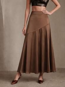 Plus Size Women's Brown Satin Bias Cut Skirt, Luxury Texture Commuter Drape A-Line Long Skirt, Versatile For Spring, Summer, Autumn - Brown - View 3