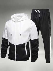 1 Set Men's Autumn Colorblock Sports Outfit, Zip-Up Hooded Jacket + Joggers, Casual Street Style - Black - View 6