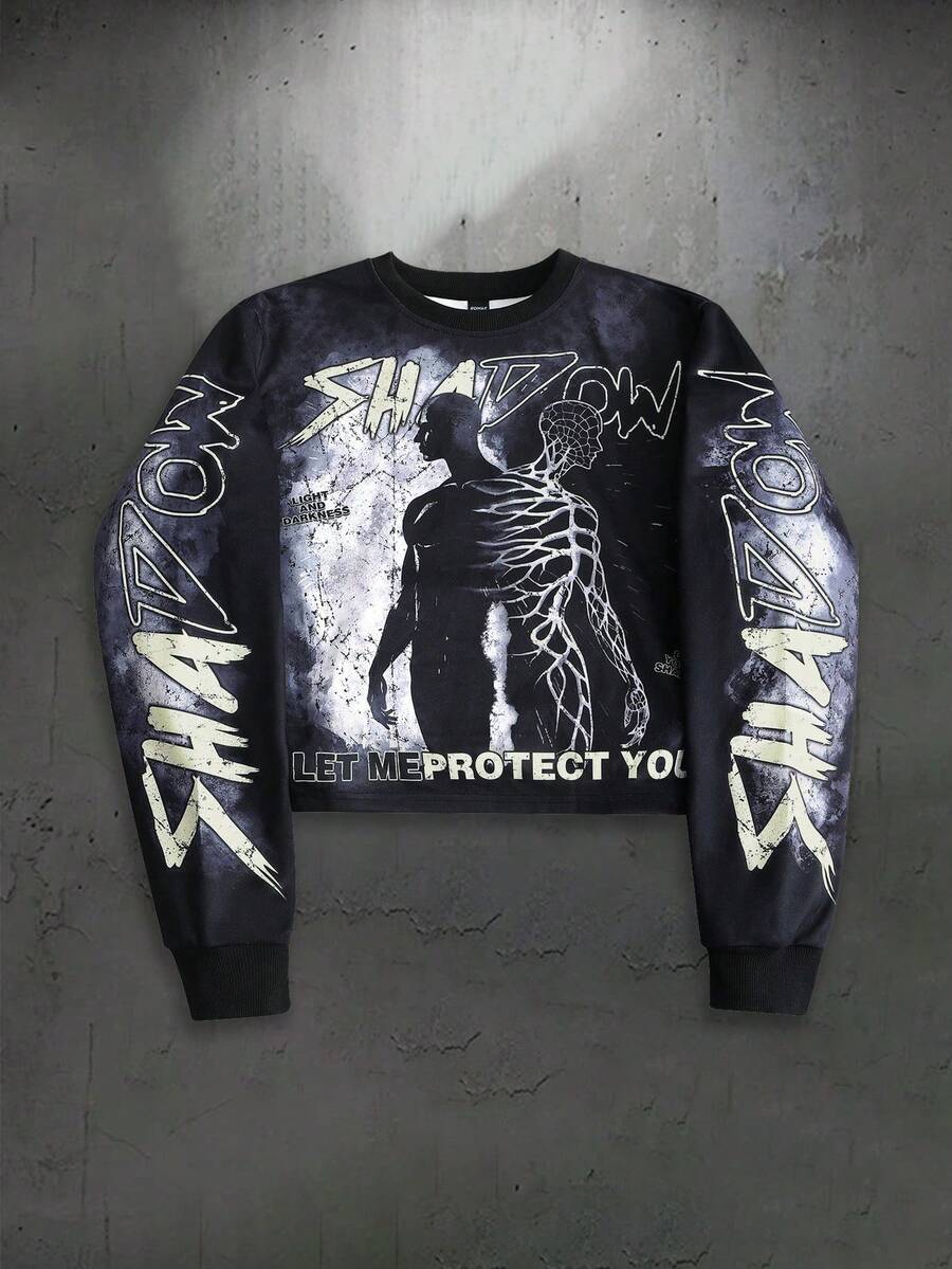 YUNCHIC Dark Skeleton Portrait Print Cropped Long Sleeve Pullover Sweatshirt Distressed Graffiti Letter Y2K Loose Streetwear - Black - View 1