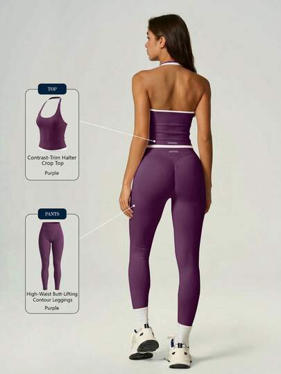 UONNOU 2 Peças Conjunto Esportivo Feminino, Regata Sem Costura com Decote Halter e Costas Abertas e Legging Justa com Levantamento de Bumbum, Roupa Casual de Fitness