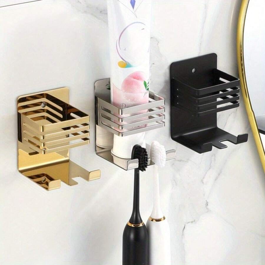 1pc No-Drill Wall-Mounted Toothbrush Holder, Multi-Function Bathroom Storage Rack, Space-Saving Toothpaste, Skincare, Cosmetics Organizer, Home Vanity Accessory, Birthday, Housewarming, Holiday Gift