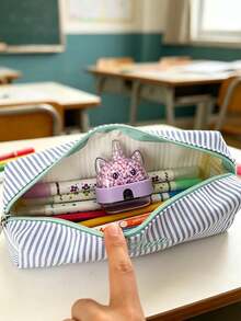 1pc Personalized Embroidered Data Cable Storage Bag, Teacher's Day & Back To School Customized Pencil Case: Striped Cotton Fabric Name Embroidered Pencil Bag, Meaningful Teacher Appreciation Gift, Personalized Makeup Bag, Toiletry Bag - Multicolor - View 4