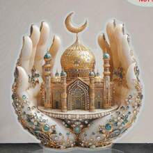 2D flacher Vintage vergoldeter Strass geschnitzter Hände halten goldene Kuppel Moschee Acryl Ständer, Halbmond Schloss Architektur Dekoration für Wohnzimmer Eingangstisch, 2D Acryl Ständer, Hände halten Moschee, vergoldet mit Edelsteinen besetzt, Halbmond Moschee, Desktop weiche Dekoration, kreatives dekoratives Geschenk - A - Übersicht 1