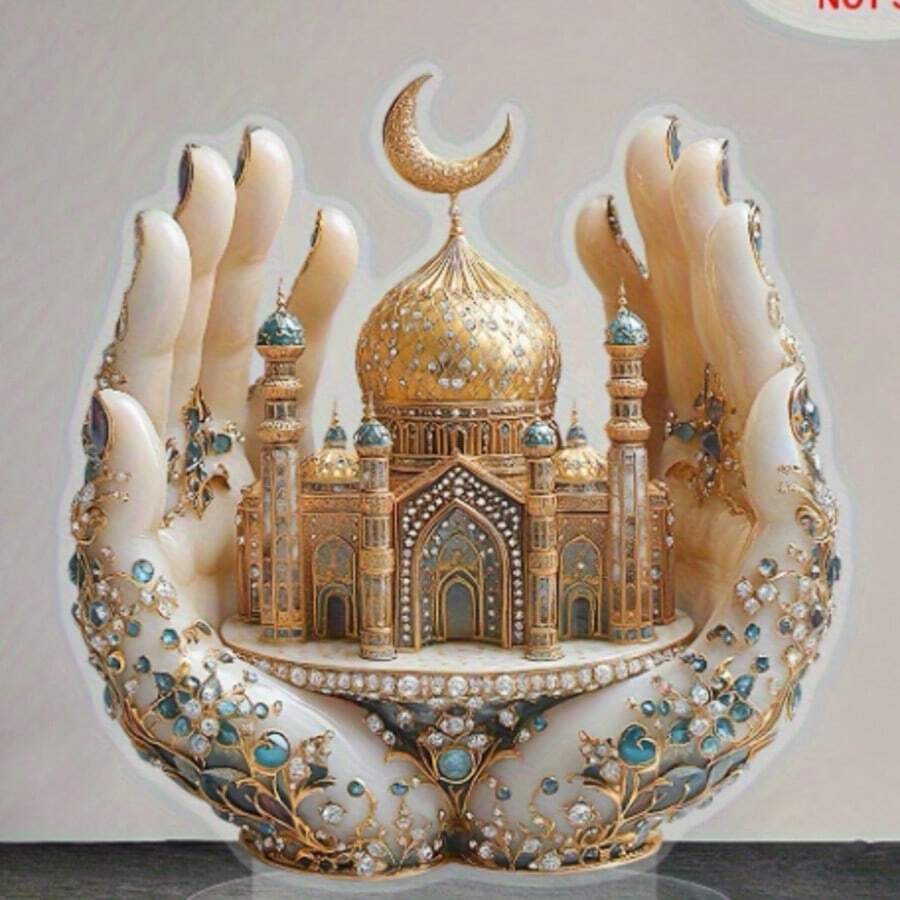 2D flacher Vintage vergoldeter Strass geschnitzter Hände halten goldene Kuppel Moschee Acryl Ständer, Halbmond Schloss Architektur Dekoration für Wohnzimmer Eingangstisch, 2D Acryl Ständer, Hände halten Moschee, vergoldet mit Edelsteinen besetzt, Halbmond Moschee, Desktop weiche Dekoration, kreatives dekoratives Geschenk - A - Übersicht 1