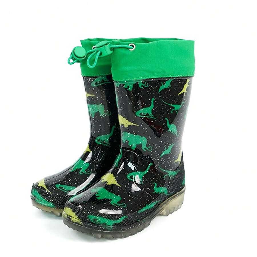 HSYAAMOO Boys' Black Glitter Dinosaur Print Drawstring Cuff Rain Boots, Transparent Thick Sole Non-Slip Rubber Mid-Calf Waterproof Rubber Shoes For Outdoor Water Play