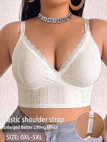 1pc Casual Comfortable Minimalist Plus Size Women's Bra With Lace Patchwork, Wireless Soft Comfortable Lingerie - White - View 1
