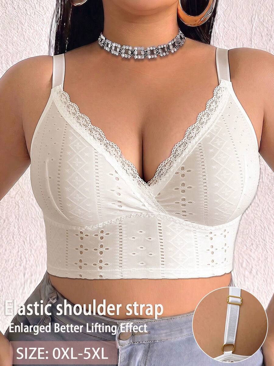 1pc Casual Comfortable Minimalist Plus Size Women's Bra With Lace Patchwork, Wireless Soft Comfortable Lingerie - White - View 1