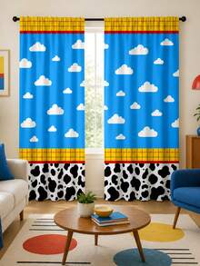 2pcs Color Block Cow & Cloud Rod Pocket Curtains, Polyester Fabric, American Style Patchwork Print, Fashion Living Room Bedroom Home Fabric Curtains - Multicolor - View 3