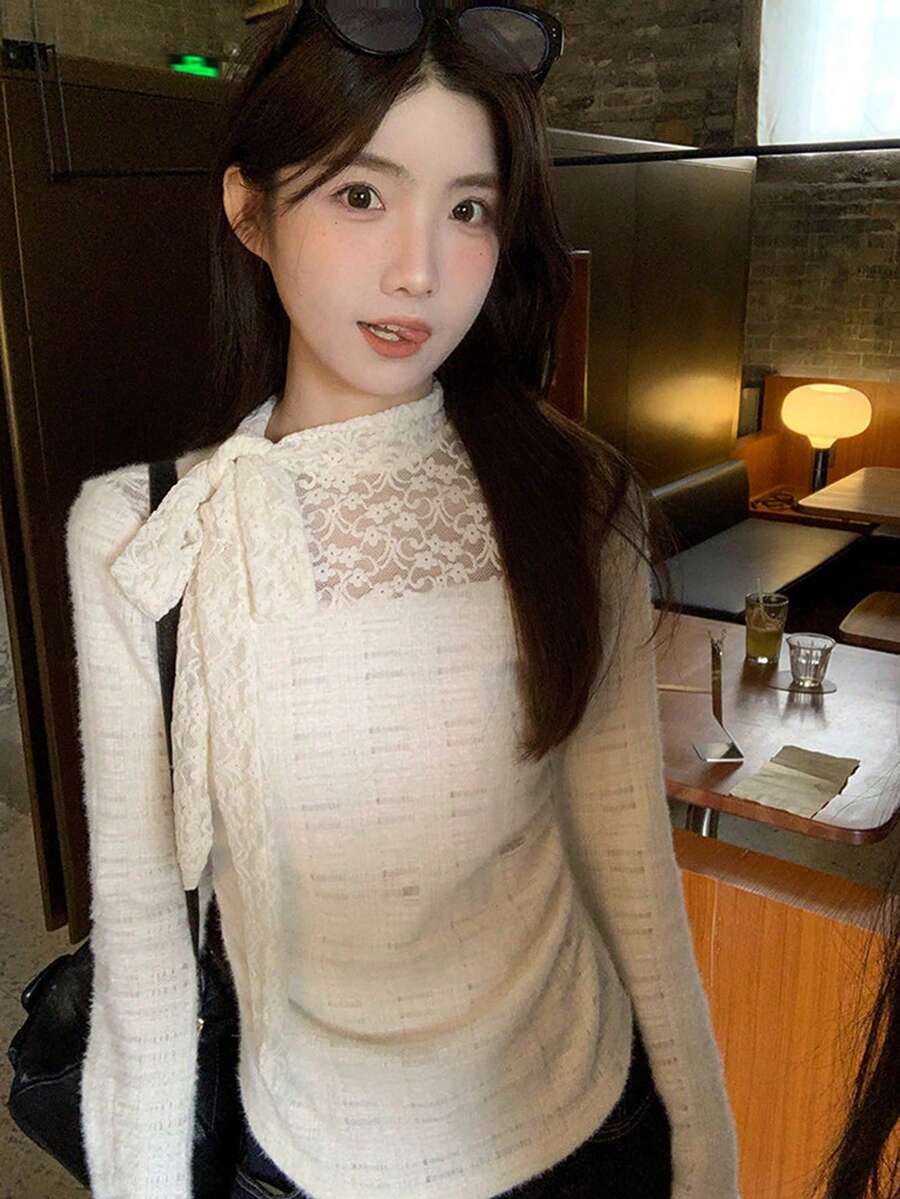Women's Spring New Premium Lace Fitted Long Sleeve T-Shirt, Unique Elegant Base Layer Top