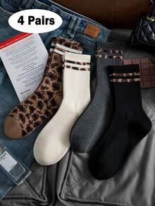 1/4 Packs Womens Leopard Pattern Striped Trim Ribbed Cotton Elastic Mid Socks Fall Winter Daily Street Style Holiday Present Socks - Multicolor - View 9