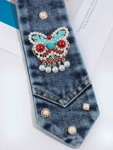 1PC Women's Fashion Elegant Faux Pearl Butterfly Accessory Tie, Suitable For Daily Shopping And Dating - Navy Blue - View 3