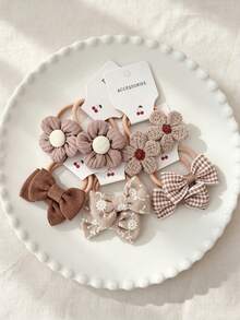 10-Piece Girls' Floral Bow Hair Tie Set, Knitted Daisy Elastic Headband, Mixed Color Plaid Polka Dot, Soft And Gentle Hair Ties. - Multicolor - View 4