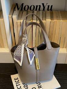 Tas Wanita Model Ember, Gesper Modis, Desain Minimalis Elegan, Cocok untuk Belanja, Bepergian, Bisnis, Padu Padan dengan Syal, Tas Abu-abu - Grey - View 2