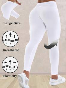3 pcs Legging Panjang Putih Ukuran Plus, Kain Lembut Elastis Tinggi, Potongan Pendek, Pas Ramping, Tidak Ketat - Putih - View 4