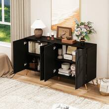 Mid-Century Modern Sideboard, Walnut-Look Entryway Cabinet, 3D Fluted Details And Arched Doors, Engineered Wood, Adjustable Shelves, Gold Metal Legs - Black + Particle Board - View 6