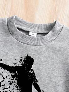 Young Girl Soccer Pattern Print Crew Neck Sweatshirt And Sweatpants Set - Grey - View 3