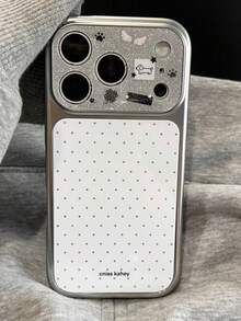 韓系 Ins 極簡白色波點狗狗圖案手機殼，適用於 Apple 17 Pro、16 Pro Max、15、17、14 PM、13，電鍍鏡面效果，大窗設計，全包覆硬殼，女性專屬高級風 - 白色 - 查看 1