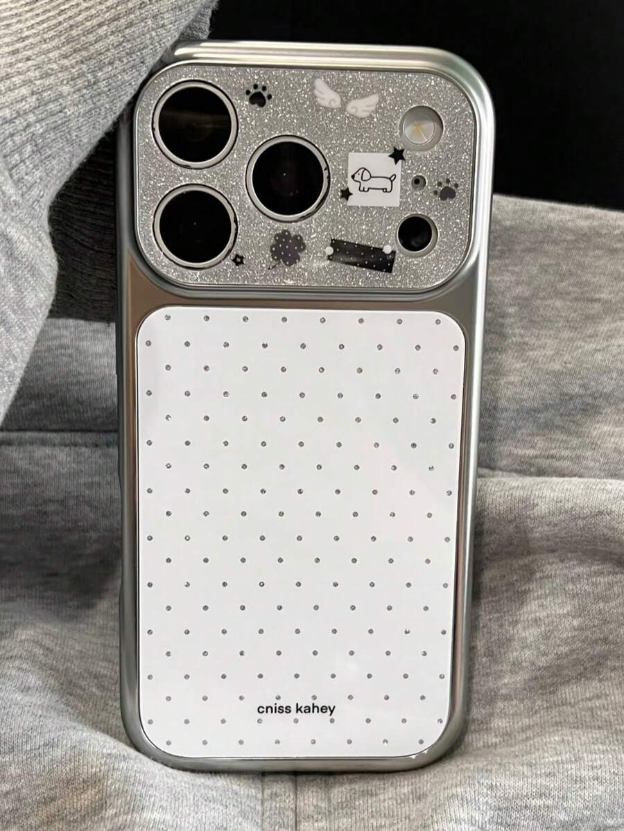 韓系 Ins 極簡白色波點狗狗圖案手機殼,適用於 Apple 17 Pro、16 Pro Max、15、17、14 PM、13,電鍍鏡面效果,大窗設計,全包覆硬殼,女性專屬高級風 - 白色 - 查看 1