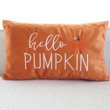 1pc Autumn Pumpkin Throw Pillow Cover, Thanksgiving Hello Pumpkin Embroidered Pillowcase, Sofa Decor Suitable For Autumn Home Decoration - Orange - View 1