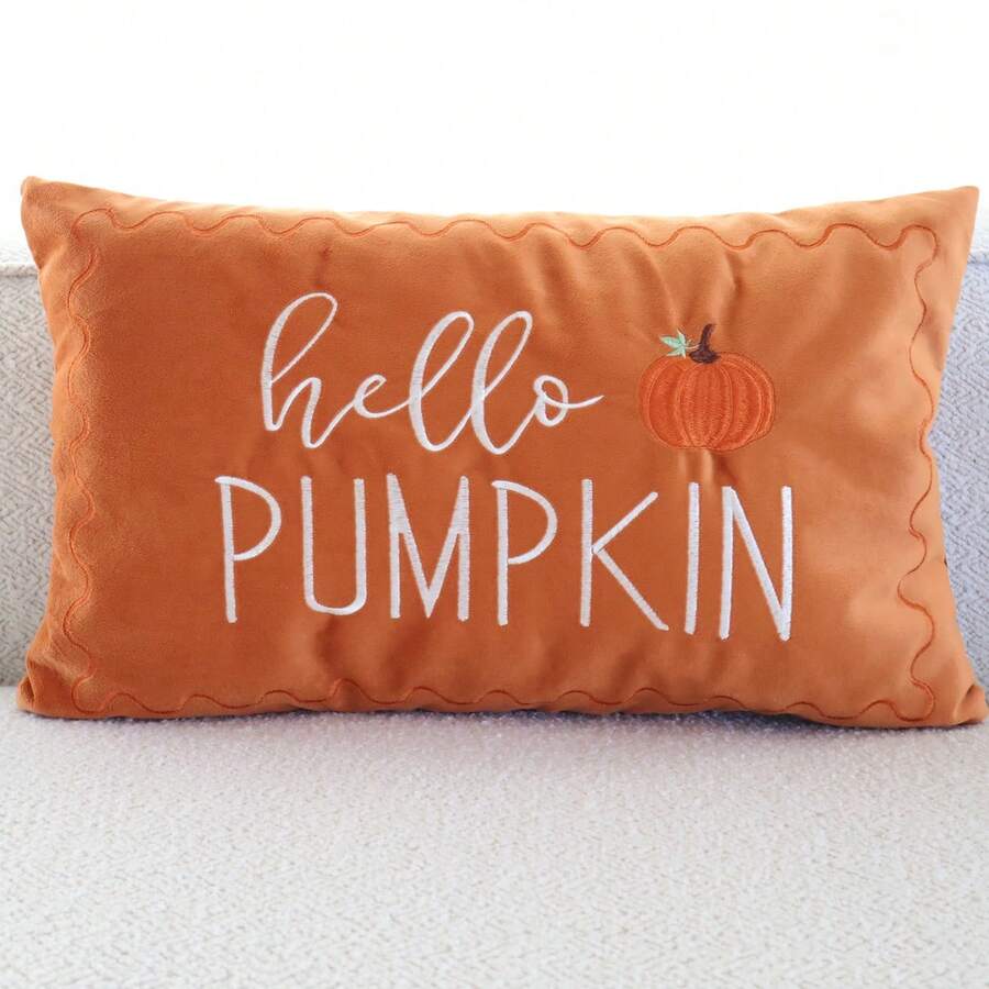 1pc Autumn Pumpkin Throw Pillow Cover, Thanksgiving Hello Pumpkin Embroidered Pillowcase, Sofa Decor Suitable For Autumn Home Decoration - Orange - View 1