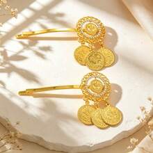 1 Pair Arabic Style Embossed Coin Pendant Hair Clips, Premium Inlaid Straight Clip Bridal Accessories - Gold - View 1
