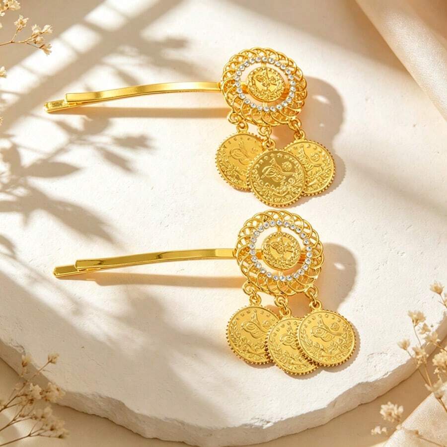 1 Pair Arabic Style Embossed Coin Pendant Hair Clips, Premium Inlaid Straight Clip Bridal Accessories - Gold - View 1