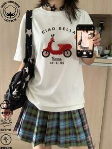 Kaos Wanita Kasual Longgar Leher Bulat Lengan Pendek Motif Huruf & Mobil, Serbaguna untuk Musim Semi/Panas, Warna Putih - Putih - View 6