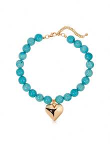 European And American Natural Thick Turquoise Abacus Bead Collarbone Chain With Large Heart Pendant Necklace - Golden Heart Necklace - View 6