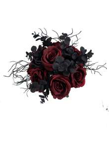 13 Inch Gothic Black&Burgundy Artificial Wedding Bouquet For Bride Bridesmaid, Floral Bouquet With Ribbon Ceremony,Anniversary,Home Decor - Multicolor - View 8