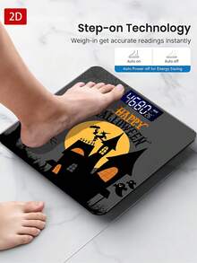 1pc 2D Flat Grey Halloween Digital Bathroom Scale, Haunted House Witch Silhouette Full Moon Ghost Bat Spider Web Tombstone Tree Print, Max Capacity 400lbs/180kg, Tempered Glass Surface, Uses AAA Batteries (Not Included) - View 4