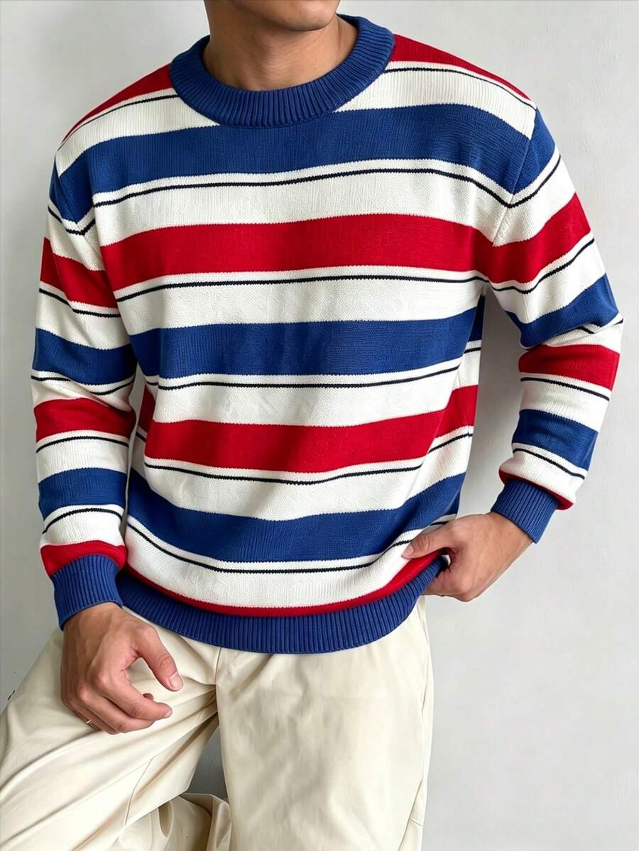 ZYNTH BALENO Sweater Pria Lengan Panjang Kerah Bulat Longgar Bahu Jatuh Motif Garis-garis 12-Gauge Musim Gugur/Dingin, Cocok untuk Olahraga di Gym - Biru - View 1