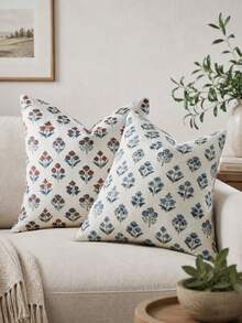 100% Cotton Floral Print Pillowcase, Double-Sided Woodblock Print Bohemian Style Decorative Pillowcase, Country Style Pillowcase, Suitable For Home Decor - Blue and White - View 5