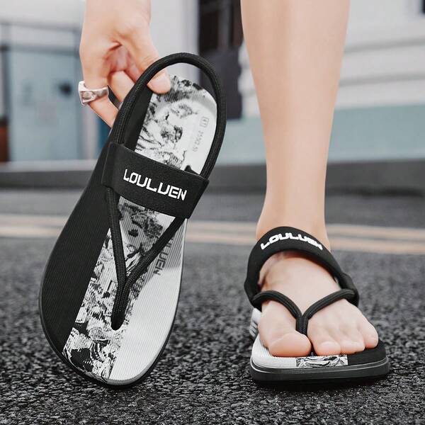 Men's Ink Wash Print Thong Sandals With Elastic Straps, Street Style 2-Way Wear Beach Slippers