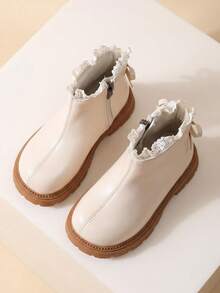 1 Pair 2026 New Girls' Lace Trim Ankle Boots, Soft Leather Thick Sole Non-Slip Boot Design, Sweet Princess Gentle Style, Suitable For Autumn/Winter Daily Outings And Dress Matching - Beige - View 2